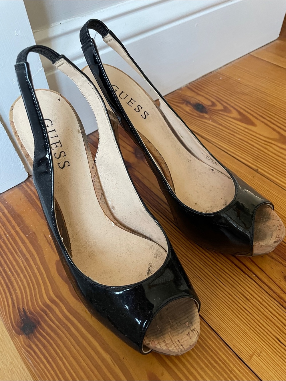 GUESS Black Patent Peep-Toe Slingback Heels size 6.5